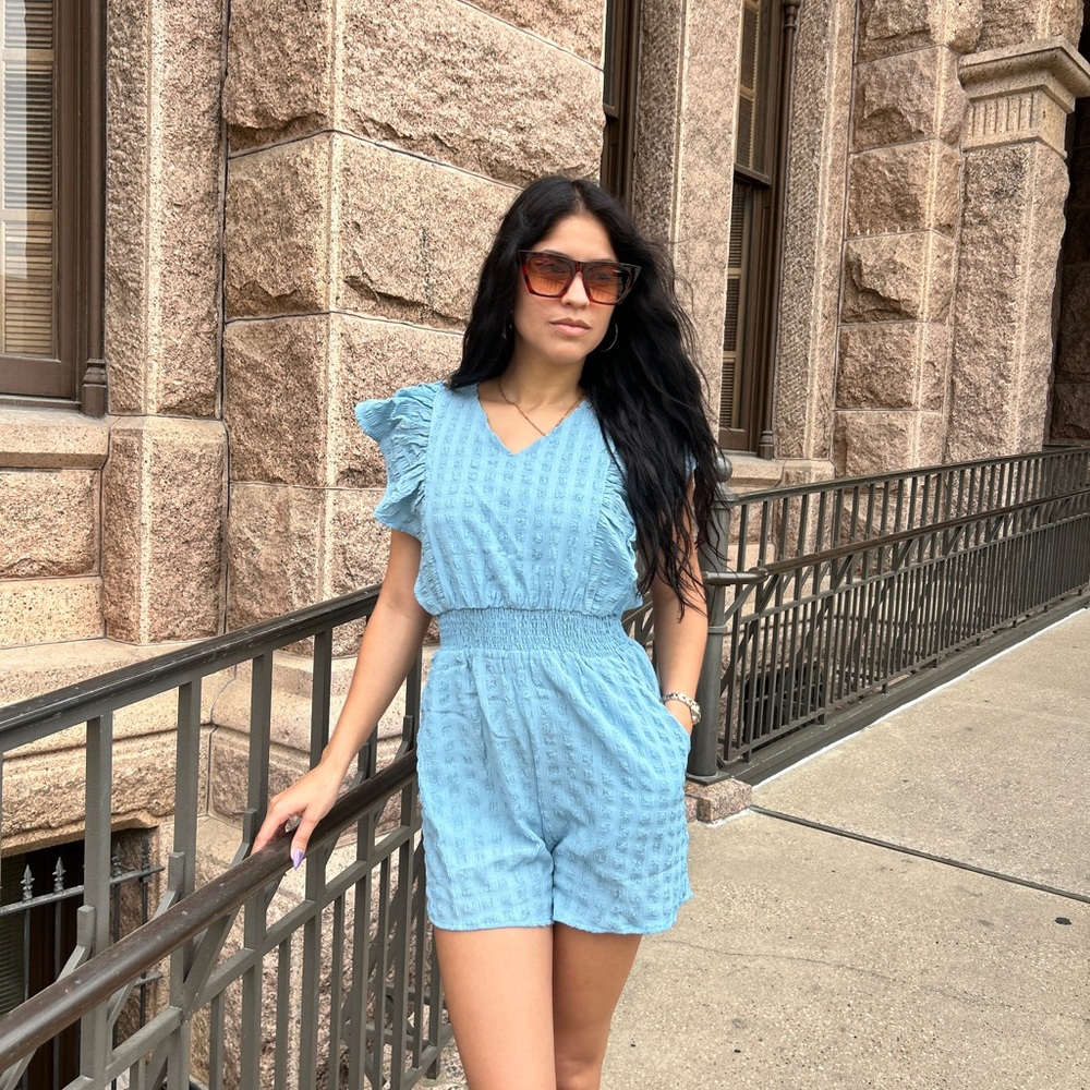 NEW Textured Ruffle-Sleeve Romper in Light Blue